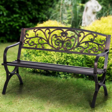 PHI VILLA 50Inch Cast Iron Steel Frame Garden Bench Patio Furniture Chair Outdoor Bench w/Floral Design Backrest, Slatted Seat for Park, Yard & Porch, Bronze PHI VILLA