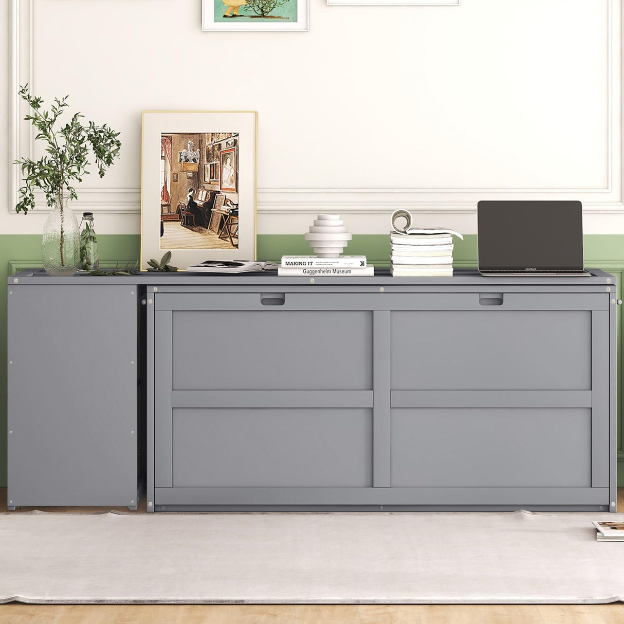 Bellemave Queen Size Murphy Bed with Rotatable Desk, Grey Wooden Cabinet & Workstation, Space Saving Design Bellemave