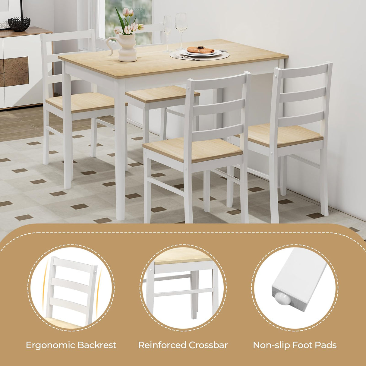 Tangkula Dining Table Set for 4, Solid Wood, Farmhouse Dinette Set w/Rubber Wood Legs, Modern Dining Table and Chairs Set for Kitchen, Dining Room (Natural+White) Tangkula