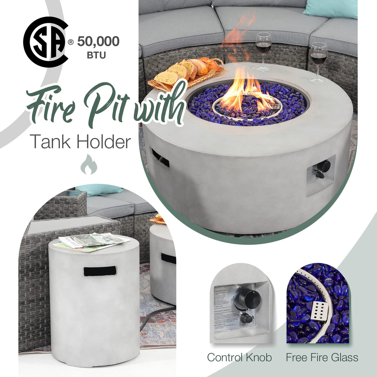 SUNSITT 12 Piece Patio Furniture Set with Propane Fire Pit Half-Moon Patio Set Outdoor Round Sectional Sofa with 36" Grey Gas Fire Table & Tank Holder, Grey Rattan SUNSITT