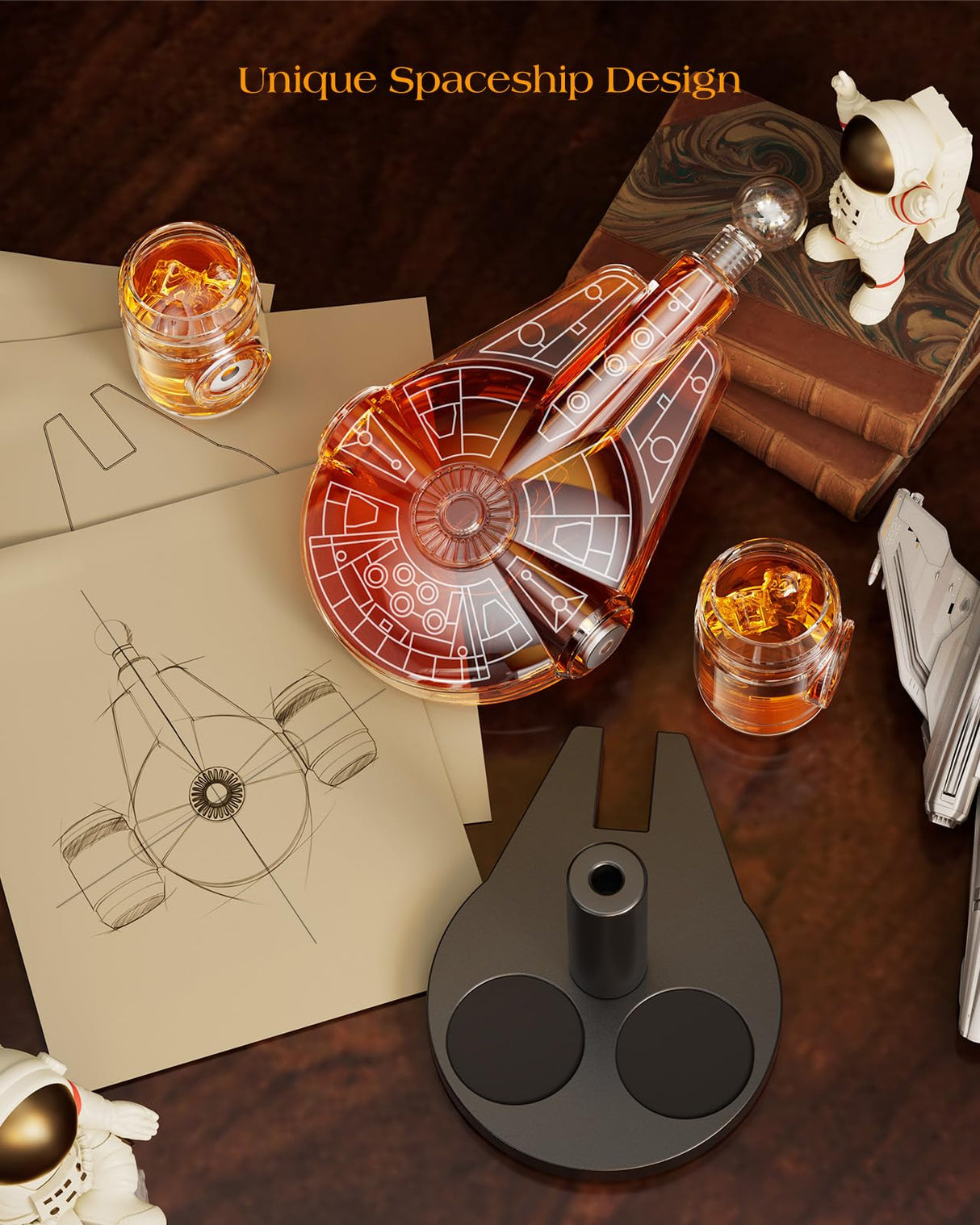 Valentines Birthday Gifts for Men Dad, Kollea Galaxy Spaceship Whiskey Decanter Sets for Men, Spacecraft Limited Edition, 2 Funny Shot Glasses, Unique Guys Brother Gift Ideas, Liquor Decanter for Bar Kollea