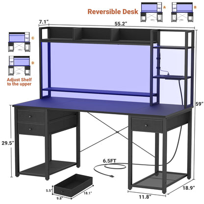 Aheaplus Desk with LED and Outlets, Gaming Desk with Hutch, 55.2'' Computer Desk with Drawers, Reversible Office Desk with Storage Bookshelf Large Workstation Desk with Shelf, Desk for Home, Black