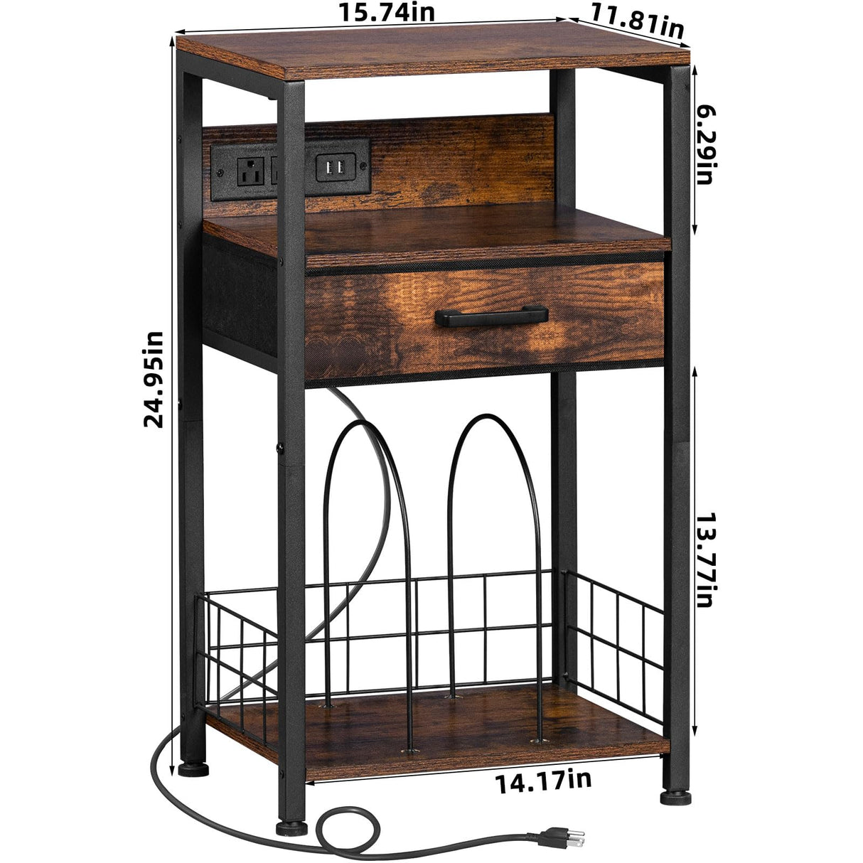 LELELINKY Record Player Stand with Fabric Drawer, 3 Tier AV Media Stands with Charging Station and USB Ports,Turntable Rack with Storage Up to 100 Vinyl Albums, Brown DVD Video Game Console Shelf LELELINKY