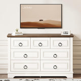 LIKIMIO Farmhouse Dresser for Bedroom with 7 Drawer, 47.2" Wide Wood Rustic Chest of Drawers with Round Metal Handle, Thickened Desktop, Storage Dressers for Bedroom, Hallway, Entryway, White LIKIMIO