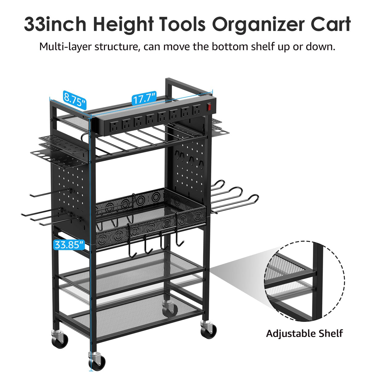 CCCEI Power Tool Organizer Cart with Charging Station, Garage Floor Rolling Storage Cart on Wheels for Mechanic, Mobile 6 Drill, Tool Box Utility Cart with Battery Charging Power Strip, Black CCCEI