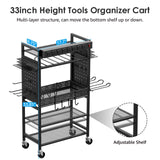CCCEI Power Tool Organizer Cart with Charging Station, Garage Floor Rolling Storage Cart on Wheels for Mechanic, Mobile 6 Drill, Tool Box Utility Cart with Battery Charging Power Strip, Black CCCEI