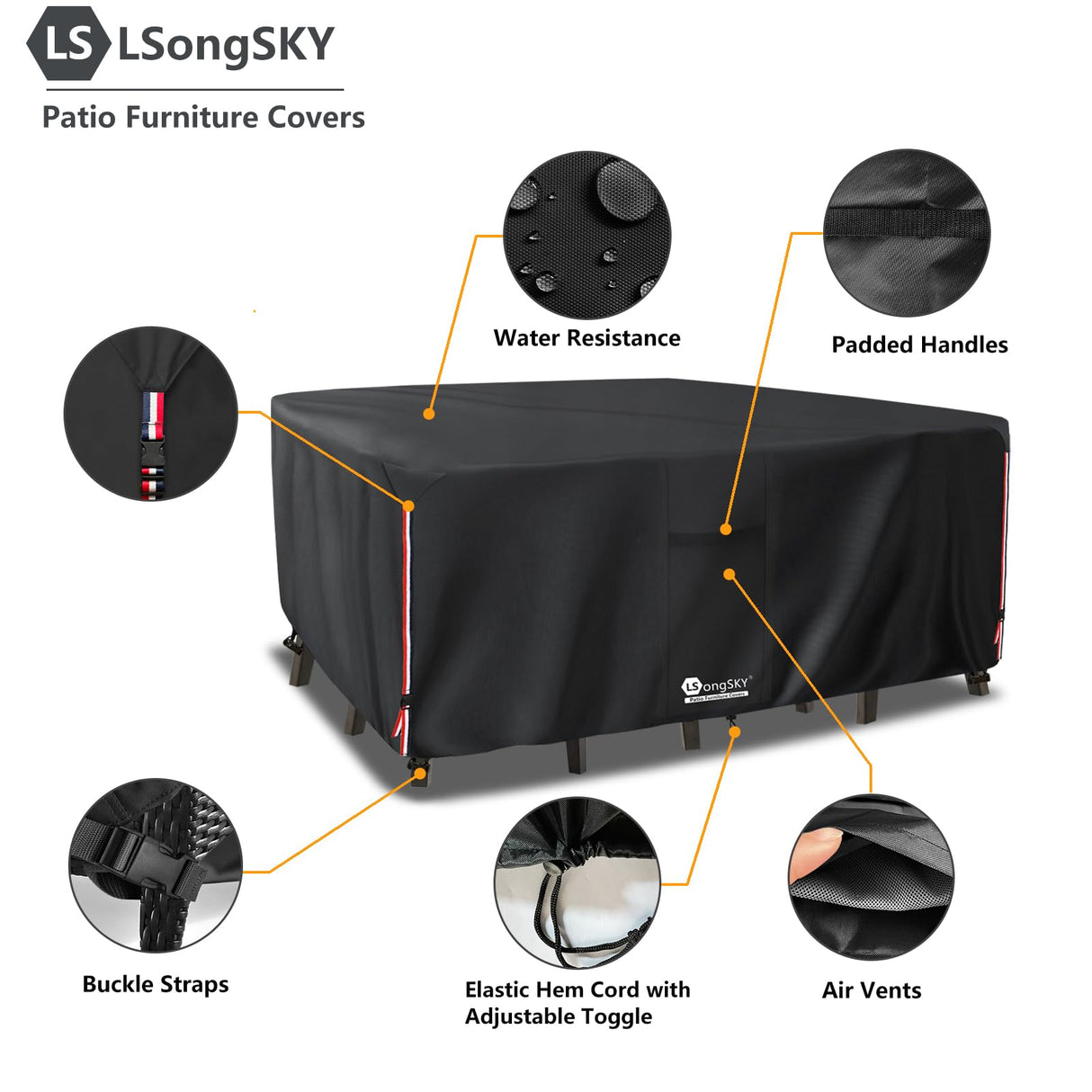 LSongSKY Outdoor Furniture Covers Waterproof,600D Heavy Duty Patio Cover for 6/7/8 PCS Sets Sectional Sofa Couch Dining Rocking Swivel Chairs Ottomans Coffee Table,111L x 74W x 28H inch Black LSongSKY