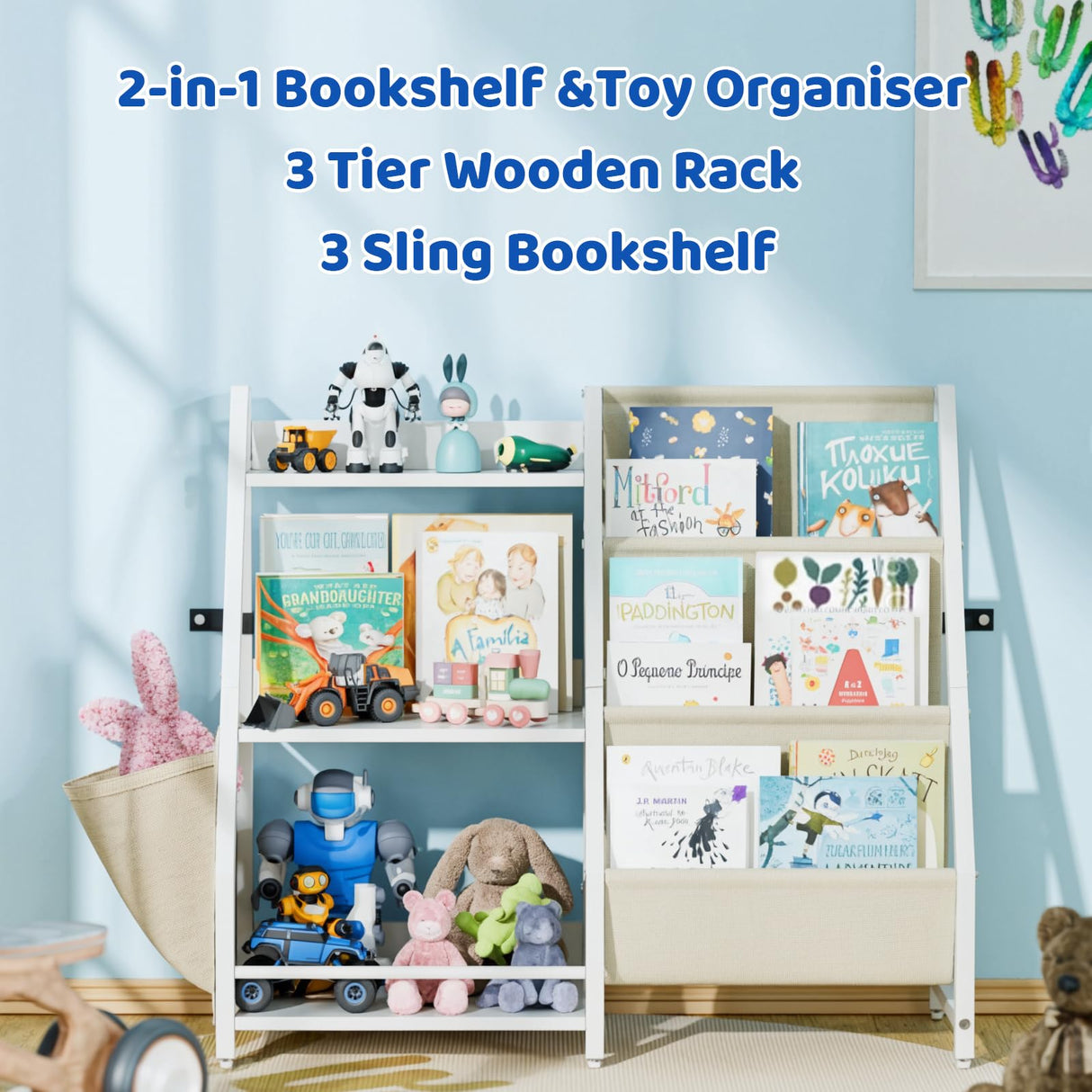 HAVLOTII Kids Bookshelf and Toy Organizer, 3 Tier Bookshelf for Kids, Montessori Bookcase Book Shelf Rooms, Bedroom, Playroom, Nursery, Toy Storage Organizer with Bookshelf (White) HAVLOTII