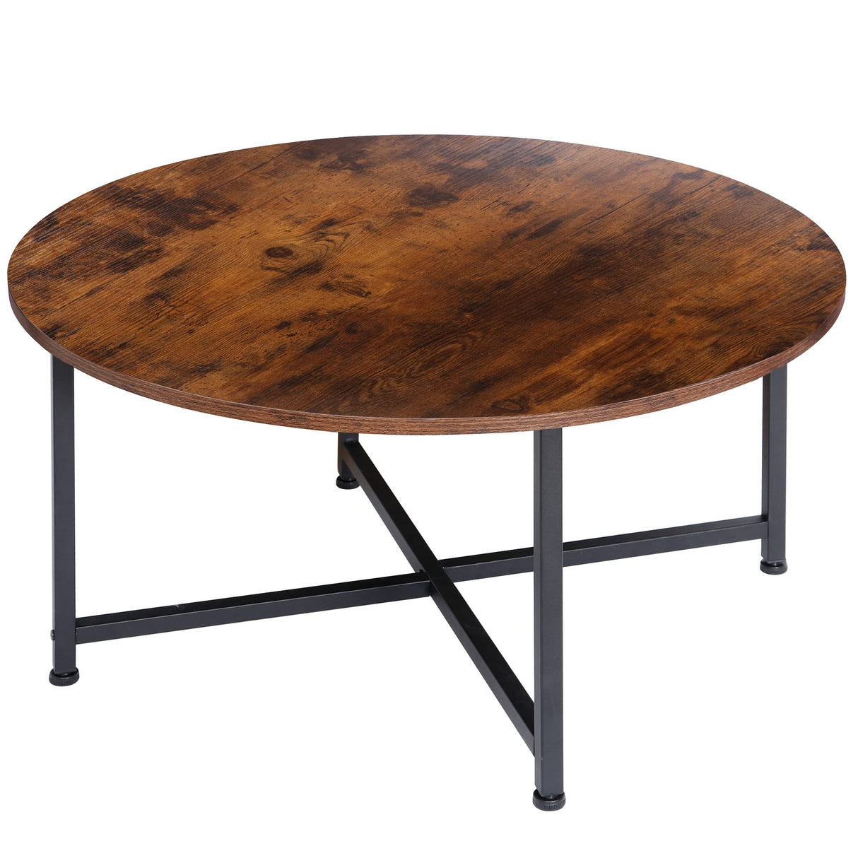 SUPER DEAL Round Coffee Tables w/ 32 Inch Rustic Wooden Surface Top and Sturdy Metal Legs Industrial Cocktail Table for Living Room, Rustic Brown SUPER DEAL