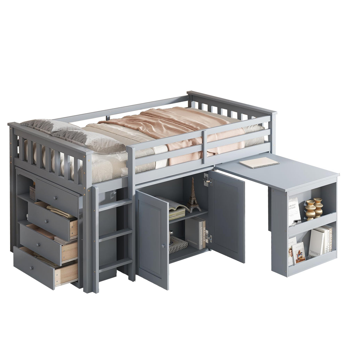 Ball & Cast Twin Loft Bed with Storage Cabinet and Drawer,Rubber Wood Bed Frame w/Safety Guardrail & Ladder,Space-Saving Furniture for Girls Boys Student Dorms,Grey Ball & Cast