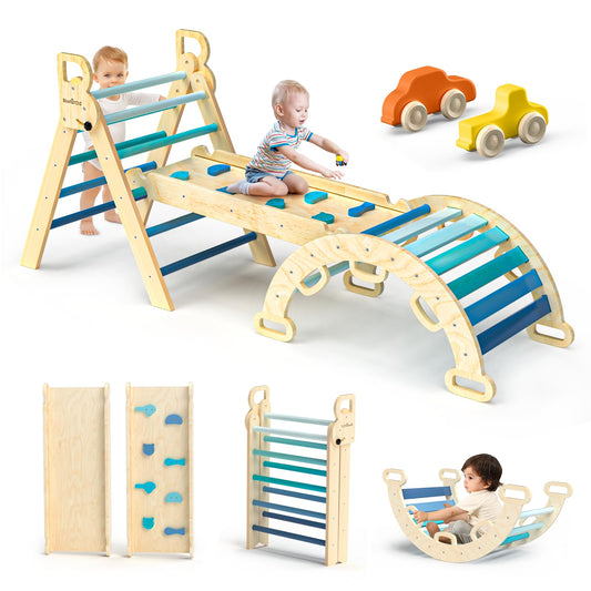 BlueWood Pikler Triangle Set 7in1 Foldable Baby Climbing Toys Wooden Montessori Climbing Set with Arch&Ramp&Ladder Baby Climber Indoor Jungle Gyms for Toddlers Montessori Toys - Sky Blue