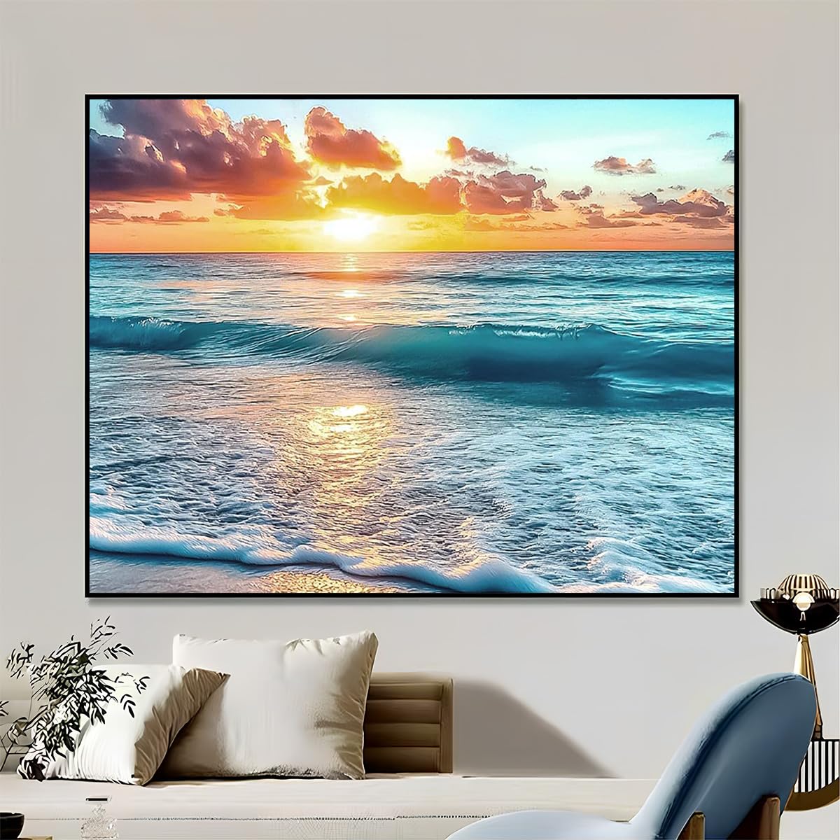 Diamond Painting Art, 30x40cm Ocean Sunset Seascape Silhouette, Round Drill DIY Craft for Adults, Calming Beach Wall Decor Amz Camel