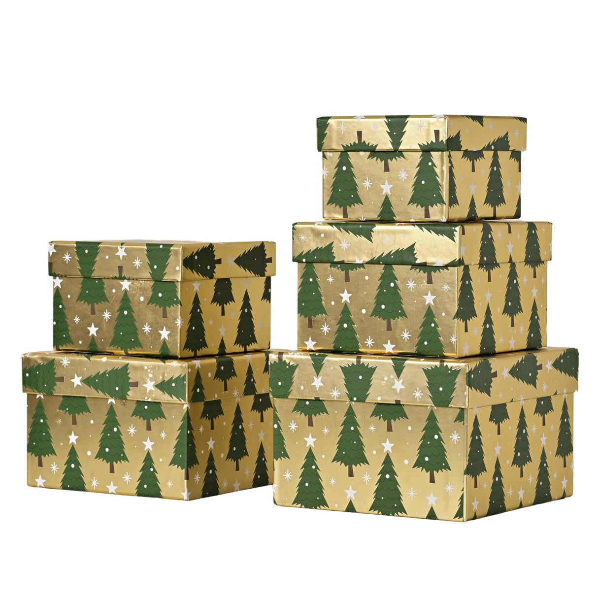 PAPER FAIR 5PCS Christmas Nesting Gift Boxes Set, Gold Foil Green Xmas Tree Flat Square Cardboard Nested Box with Lid, for Gift Wrapping Holiday Present Birthday, Assorted Size PAPER FAIR