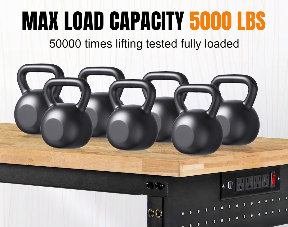 MUWOOD 96”Adjustable Work Bench, 5000 LBS Capacity Heavy Duty Workbench with Power Outlet & Pegboard, Rubber Wood Work Table for Garage, Workshop, Office, Home MUWOOD