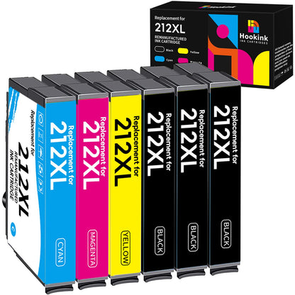 Hookink Remanufactured Ink Cartridge Replacement for Epson 212XL 212 XL T212 Work with Workforce WF-2850 WF-2830 Expression Home XP-4100 XP-4105 Printer 6-Pack (3 Black Yellow Magenta Cyan)