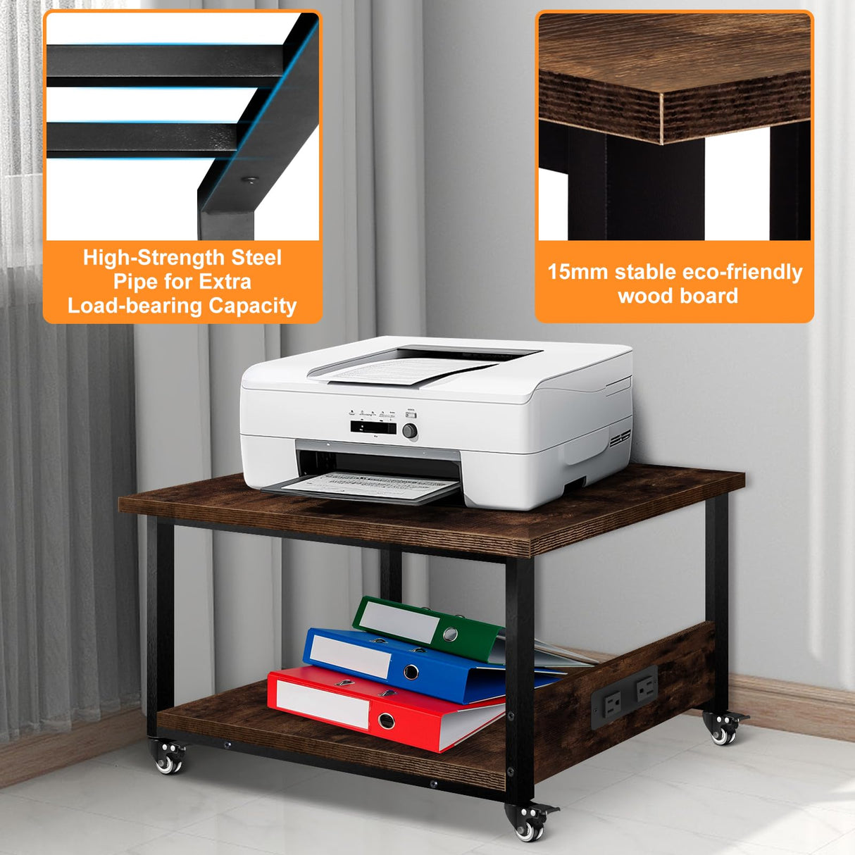 Printer Stand, 23.6''x23.6'' Large Printer Table with Power Outlet for Home Office Organization, Under Desk 3d Printer Stand With Wheels, Heavy Duty Rolling Printer Cart Shelf Stand for Desktop-2 Tier Obihivlo