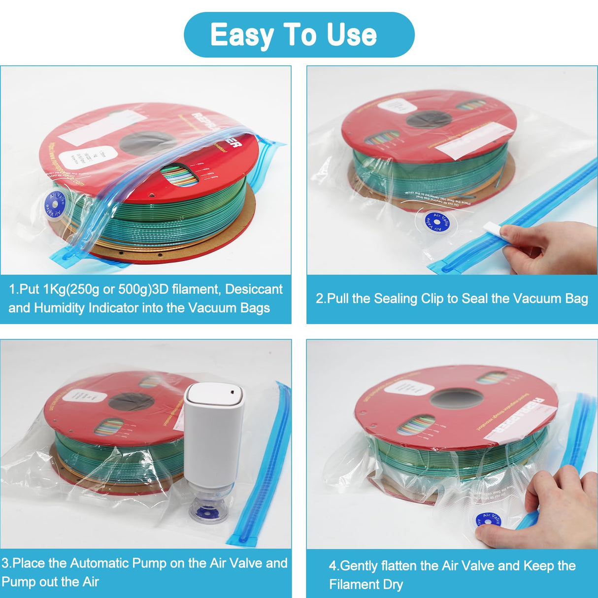 RepRapper Filament Storage Bag Vacuum, Drying Sealed 16 Cleaning Bags with Two Sizes for 3D Printer Filament with Automatic Pumps/Humidity Indicator Cards/Clips/Desiccants RepRapper