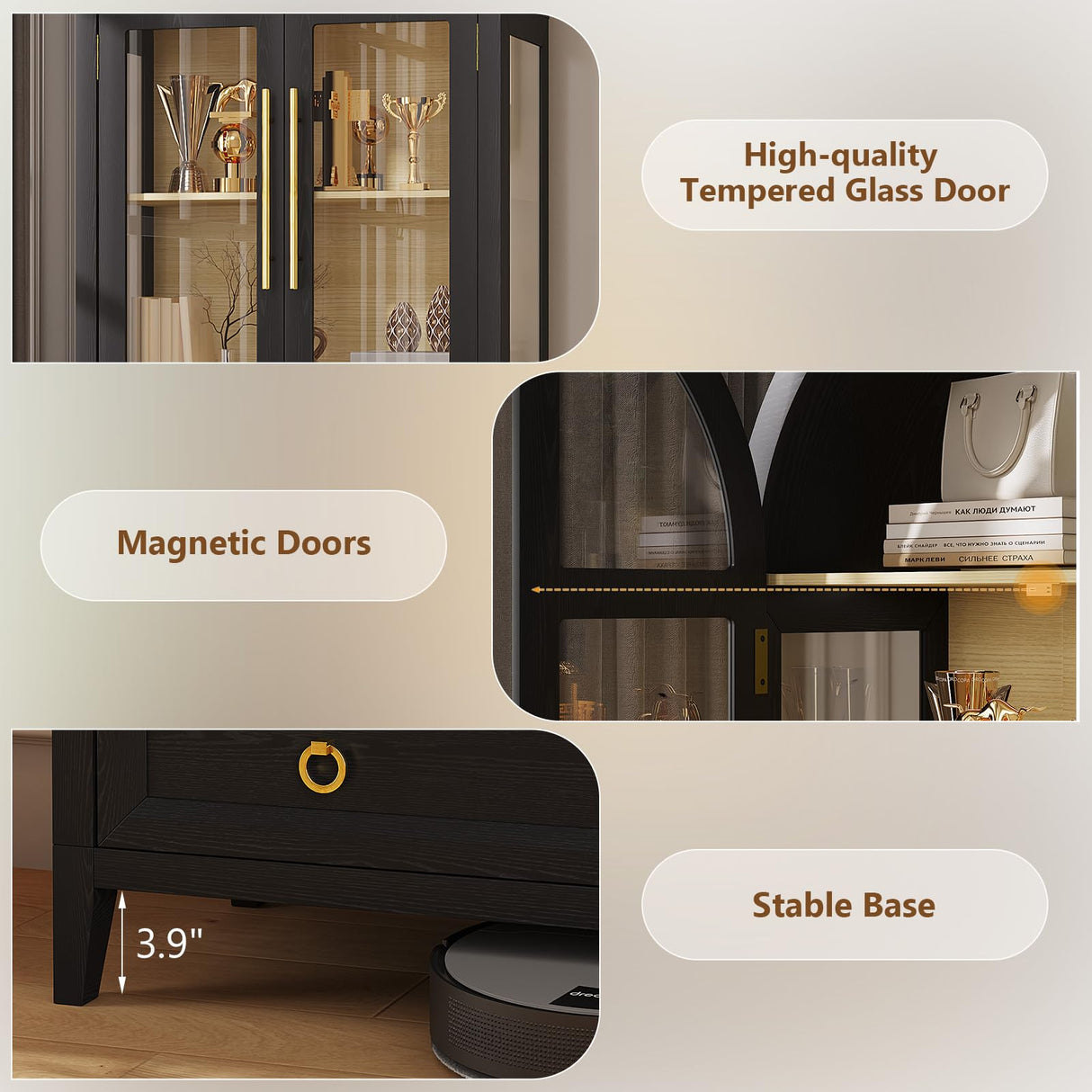 LVSOMT 71" Tall Arched Storage Cabinet with Glass Doors and Drawers, Curio Display Cabinet with Adjustable LED Light & Human Sensor, 4-Tier China Cabinet for Living Room(Black+Wood) LVSOMT