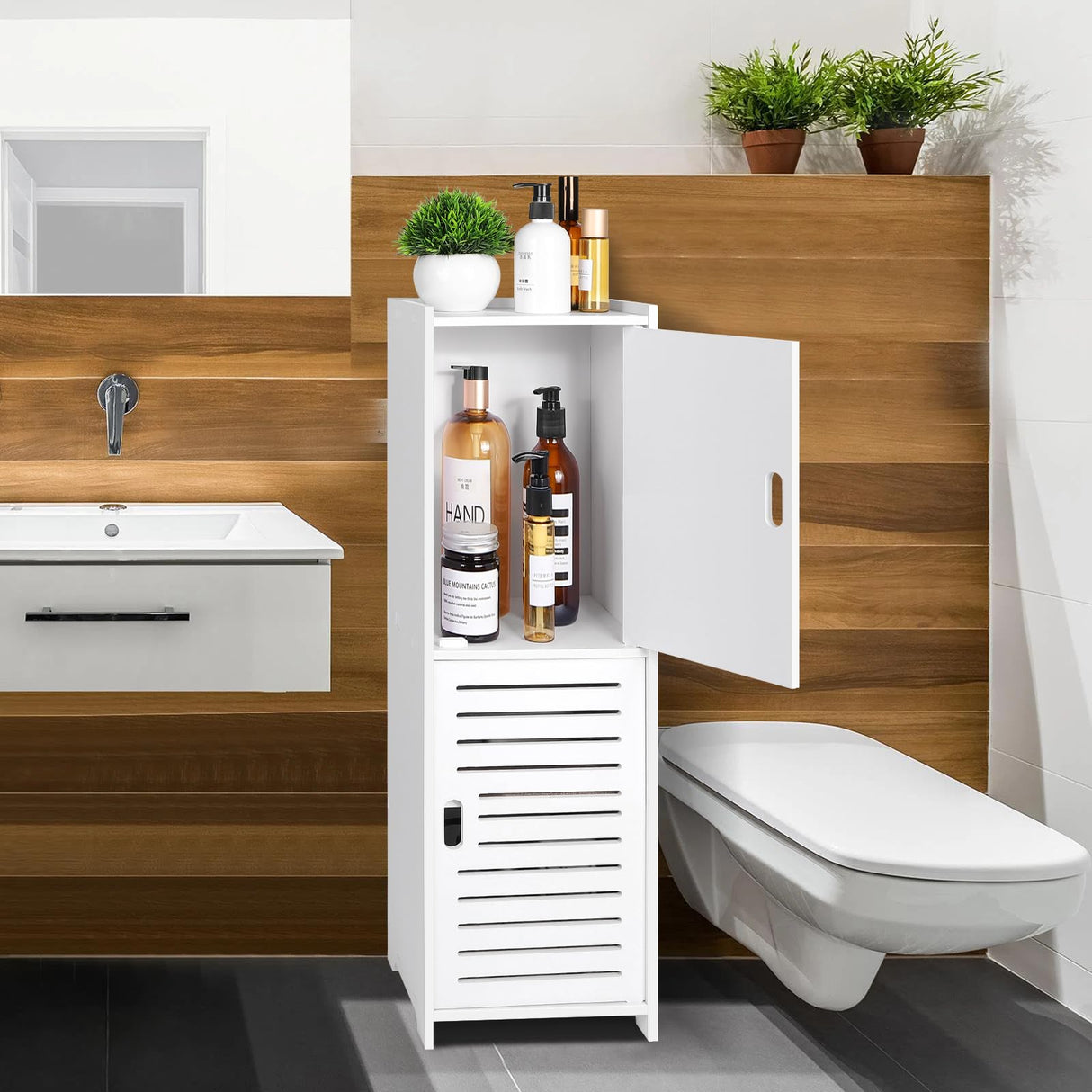 YARUKIMA Bathroom Floor Storage Cabinet,Side Storage Organizer,Bathroom Unit with Door and Shelves,Freestanding Cabinet for Hallway/Living Room, White YARUKIMA