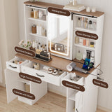 43" Farmhouse Makeup Vanity Desk with Lights and Chair, Vanity Table with Sliding Mirror and Power Strips, 3 Drawers & 2 Cabinets, Open & Hidden Shelves, Stool Included, White Dressing Table amzzar