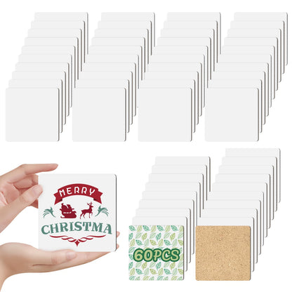 60 Pieces Sublimation Coasters Blanks Bulk Square MDF Wood Hardboard Cup Mats Blank Cup Coaster for Sublimation Transfer Heat Press Printing DIY Crafts Drink Coaster Gifts, 3.9"×3.9"