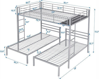 Harper & Bright Designs Metal Triple Bunk Beds Full Over Twin & Twin Bunk Bed with Upper Built-in Shelf, 3 Bed Bunk Beds with 2 Ladders for Kids, Teens, Adults, Silver