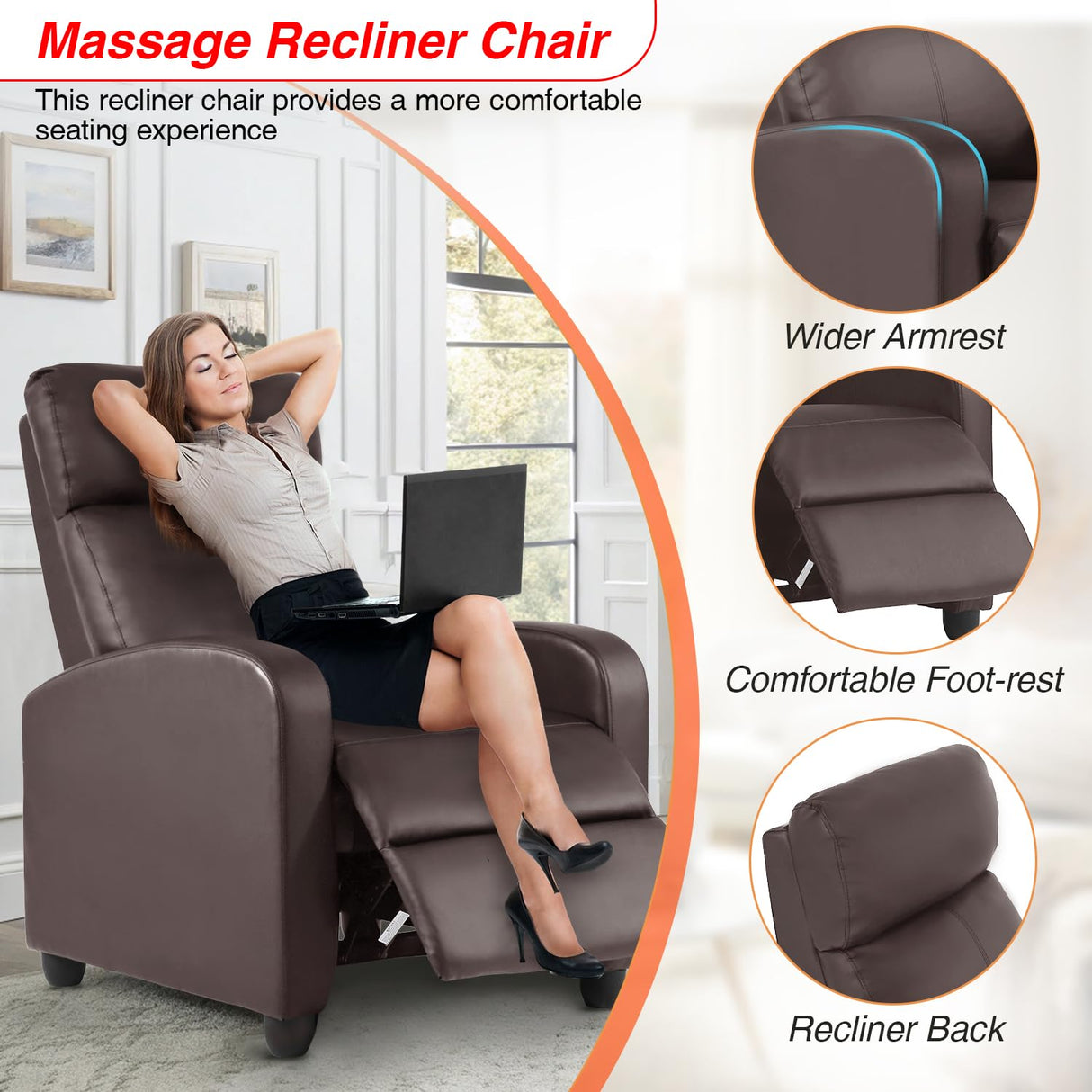 FDW Recliner Chair Massage Chair Reading Chair Reclining Sofa Home Theater Seating with Lumbar Support Massage and Padded Backrest for Living Room and Bedroom (Leather, Brown) FDW