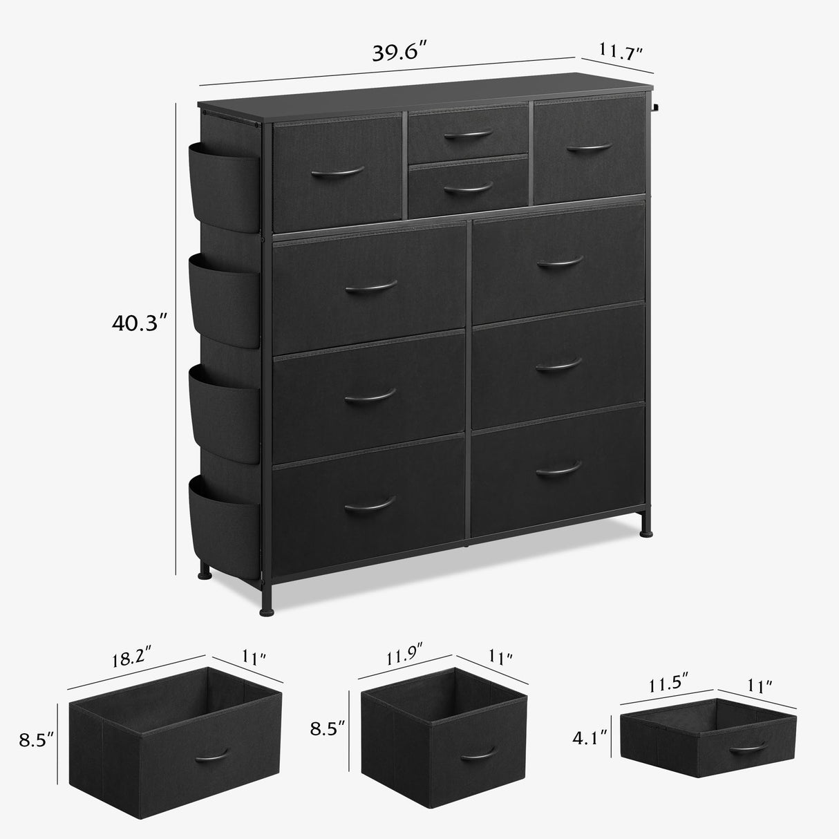 WLIVE Dresser for Bedroom with 10 Drawers, Fabric Dresser Chest of Drawers with Side Pockets and Hooks, Sturdy Metal Frame, Drawers Organizer Unit for Living Room, Hallway, Black WLIVE
