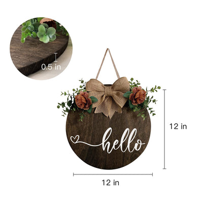 Wood Round Hello Welcome Wreath Sign Hanging Decoration Front Door, Farmhouse Porch Sign and Artificial Green Plant, Rural Outdoor Decor New House Relocation Gift - WoodArtSupply