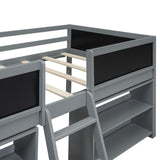 SOFTSEA Twin Size Low Loft Bed with Movable Shelves, Chalkboard, and Guardrail in Grey SOFTSEA