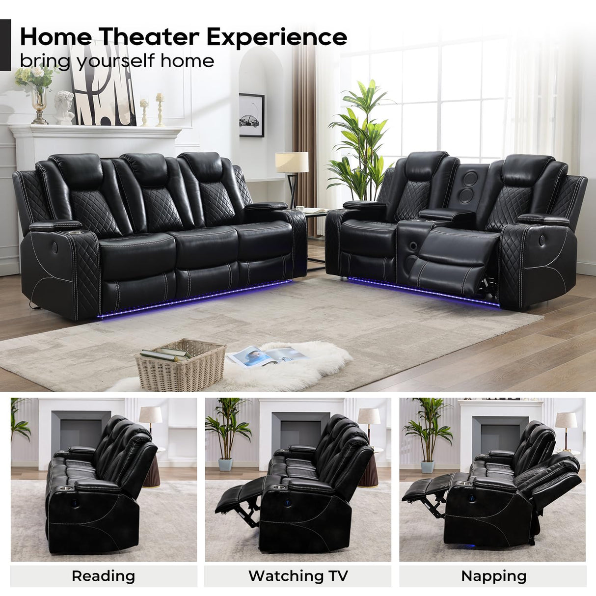 Power Recliner Sofa Set with Bass Speaker for Living Room,Faux Leather 3 Seater Reclining Sofa and Loveseat Seating Couch w/ Wireless Charger,Reading Light,LED Lights,Home Theater Love seat Sets,Black Comfort Stretch