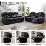 Power Recliner Sofa Set with Bass Speaker for Living Room,Faux Leather 3 Seater Reclining Sofa and Loveseat Seating Couch w/ Wireless Charger,Reading Light,LED Lights,Home Theater Love seat Sets,Black Comfort Stretch