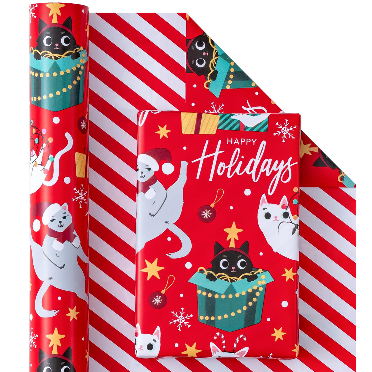 WRAPAHOLIC Reversible Cat Christmas Wrapping Paper - Mini Roll - 17 Inch x 33 Feet - Red Christmas Cat Wrapping Paper and Stripes Design for Holiday, Party Celebration WRAPAHOLIC