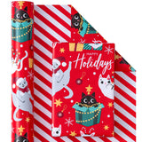 WRAPAHOLIC Reversible Cat Christmas Wrapping Paper - Mini Roll - 17 Inch x 33 Feet - Red Christmas Cat Wrapping Paper and Stripes Design for Holiday, Party Celebration WRAPAHOLIC