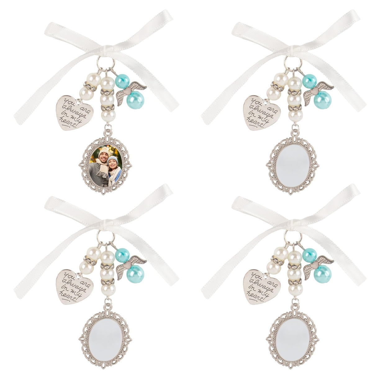 Framendino, 4 Pack Sublimation Blank Bouquet Photo Charms for Wedding Memory Bridal Bouquet Picture Charm Bouquet Memorial Charm DIY Jewelry Making 1 Sheet Round Framendino