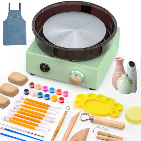 Alldeer Mini Pottery Wheel Kit - 6" Turntable Two-Way Rotation Clay Wheel, Metal Frame, Removable Splash Tray Ceramic Making Kit with 18PCS Sculpting Tools, Pottery DIY Machine for Kids and Beginners Alldeer