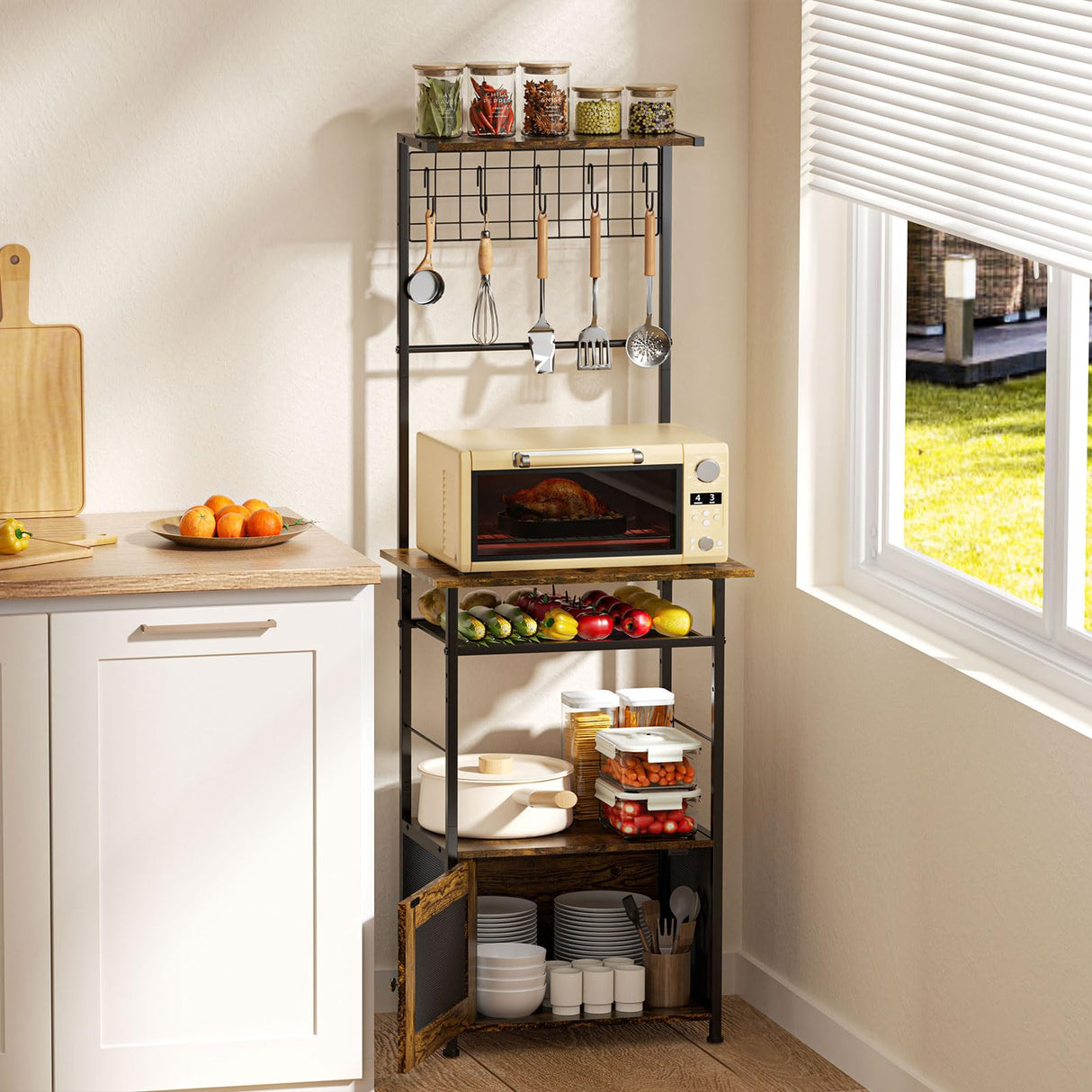 5-Tier Coffee Bar Cabinet with Visual Door, Small Kitchen Microwave Stand with 5 S-Shaped Hooks, 57.87”H Tall Bakers Rack with Storage Cabinet, Small Coffee Bar for Kitchen Living Room- Rustic Brown Hayexiha