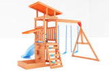 Dolphin Playground Swing Sets for Backyard with Slide, Wooden Outdoor Playset for Kids with Sandbox, Rock Climbing Wall, 2 Belt Swings, and Fort, Playground Sets for Backyards, Kids 3-6 DOLPHIN PLAYGROUND T