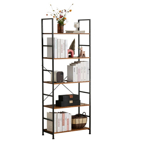 HealSmart 5 Tier Bookshelf, Free Standing Book Shelf Home Office Bookcase Shelf Storage Organizer for Bedroom, Living Room, Bathroom, Office, Balcony, Rustic Brown HealSmart