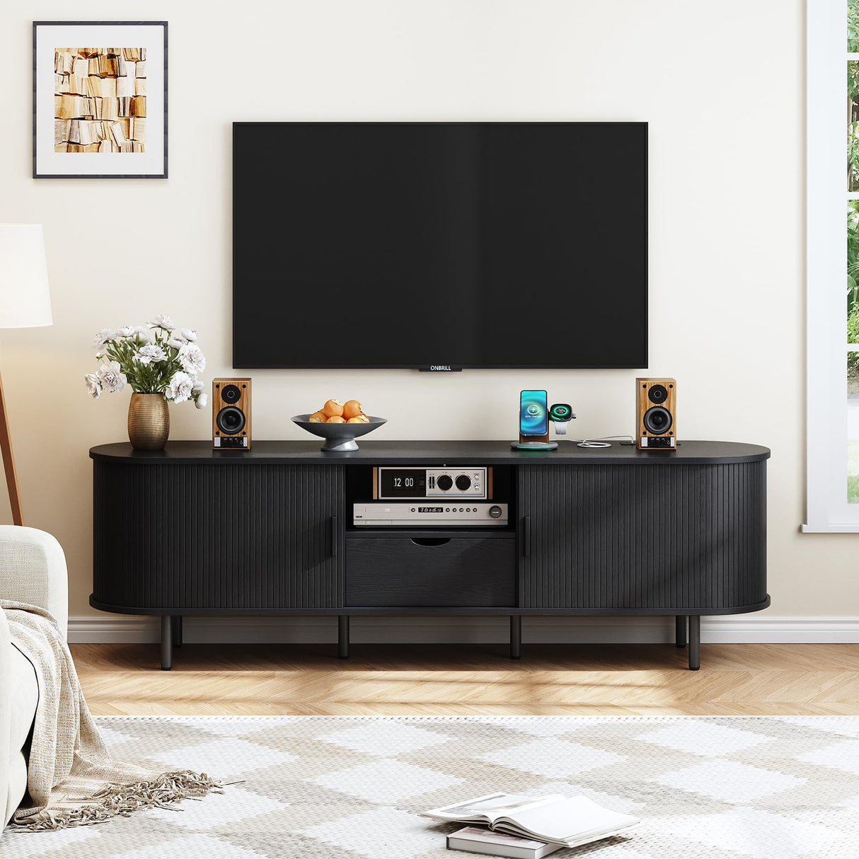 ONBRILL 69" TV Stand with Power Outlet for TVs up to 80", Entertainment Center with Storage and Drawer, TV Console with Adjustable Shelves and Sliding Door, TV Stand for Living Room, Bedroom, Black ONBRILL