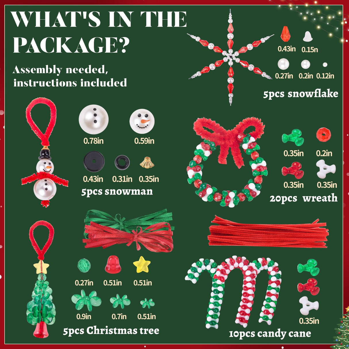 NLUS Christmas Crafts for Kids Adults, 45 Pcs Christmas Beaded Ornament Kits Holiday Crafts - Including Snowman/Christmas Tree/Wreath/Candy Cane/Snowflake (Assembly Required) NLUS