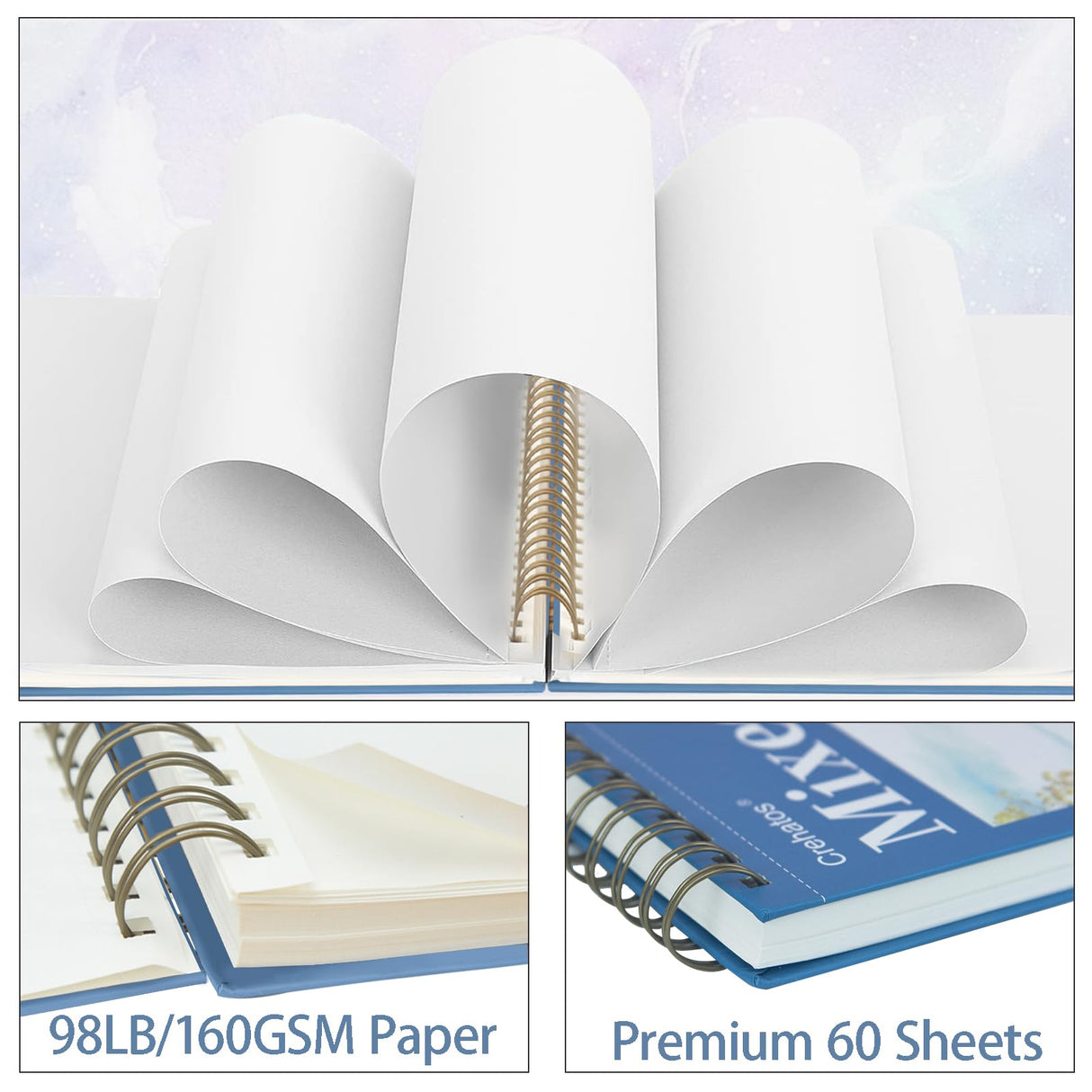 Crehatos Mixed Media Sketchbook 9" x 12", Top Spiral Bound Sketch Pad, 60 Sheets 98lb/160gsm Drawing Paper for Wet and Dry Media, 1 Pack Crehatos