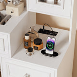 PAKASEPT Vanity Desk with Sliding Mirror and Lights, 44" Makeup Vanity Table with Glass Top, 5 Drawers, Storage Cabinet, 2 Hidden Storage Shelves, Charging Station & Stool Set for Bedroom, White PAKASEPT