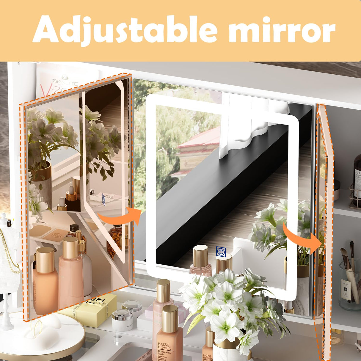 Homsee Makeup Vanity Desk with 3 Mirrors, Glass Top, Lights & Hidden Storage, Modern Dressing Table Vanity Table with Drawers, Lighting Modes & Brightness Adjustable, White Homsee