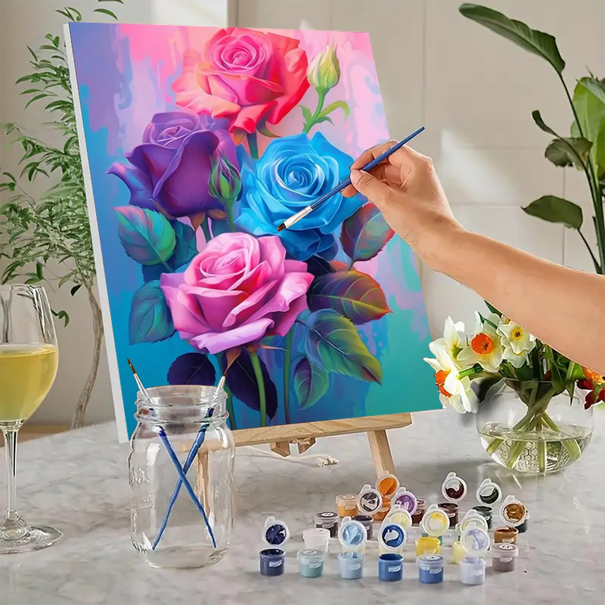 MaiMMaledy Paint by Numbers Kit for Adults Beginners Canvas Pictures with Framed Drawing Painting Acrylic Pigment with Wooden Triangle Easel Rose 8Wx12L inch MaiMMaledy