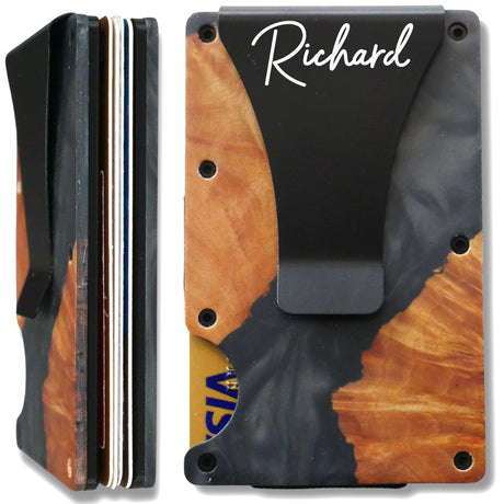 The Element - Personalized Wallet for Men - Slim Minimalist RFID Card Holder Money Clip - Wood Metal Wallet for Him - 5 Colors - Birthday, Anniversary, Father's Day Gift for Husband, Boyfriend, Dad Maison Custom