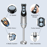 FRESKO Immersion Blender Handheld, 4-in-1 Stainless Steel Hand Stick Blender Electric with 12-Speeds & Turbo Mode, Powerful 500W Emulsion Blender with Beaker, Chopper & Whisk for Smoothies, Soup FRESKO