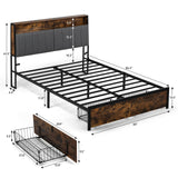 COMHOMA Platform Bed Frame with LED Lights and Charging Station, Storage Headboard and Footboard Drawers, No Box Spring Needed, Rustic Wood Look (Queen) COMHOMA