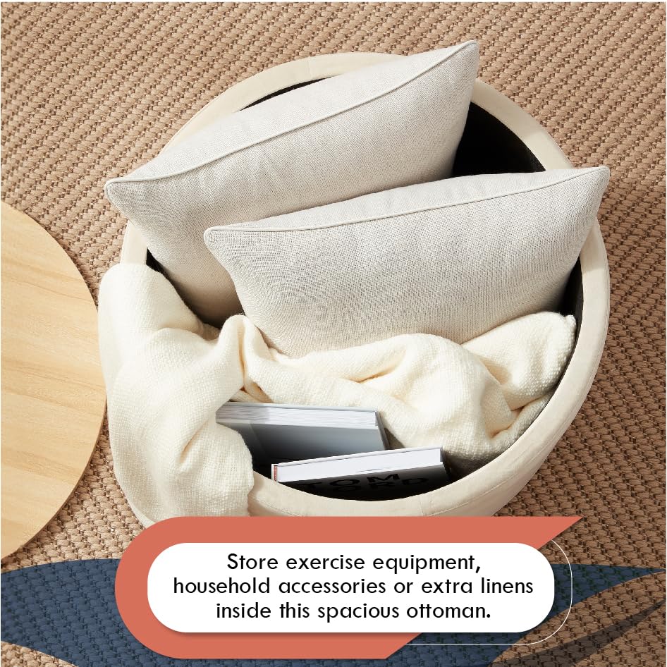 Ornavo Home 22 inch Large Round Ottoman Coffee Table Storage Ottoman with Wooden Lift Off Lid, Ottoman with Storage for Living Room, Bedroom and Office, Velvet Cream Ornavo Home