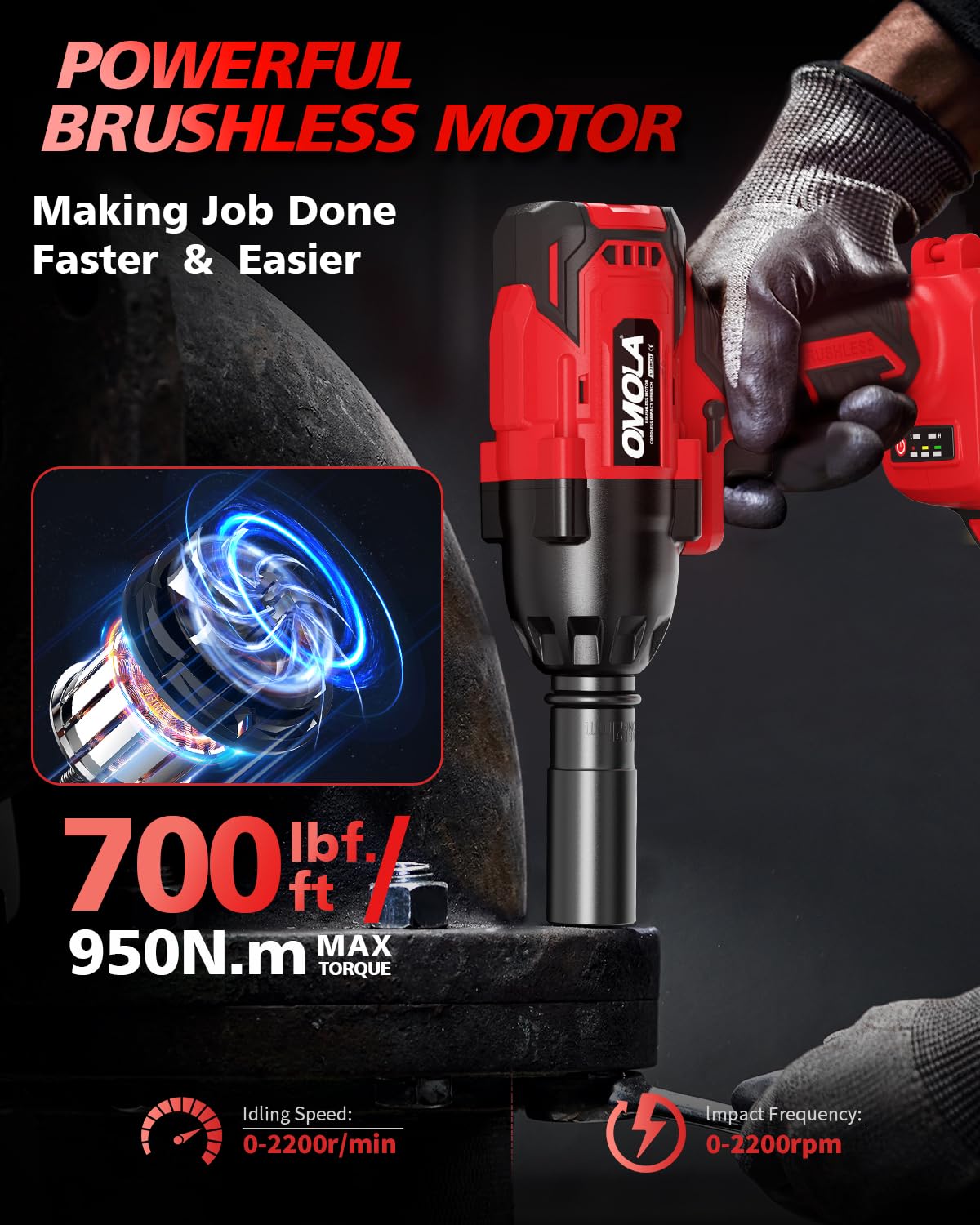 OMOLA Cordless Impact Wrench,1/2 impact gun，700 Ft-lb（950NM） High Torque 3200 RPM,with a 15C 21V 4.0Ah Li-Ion Battery, Fast Charger,Brushless motor，4 Sockets,Electric Impact Wrench for Car Tr - WoodArtSupply